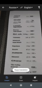 Screenshot of a Translated menu card using Google Translate camera app